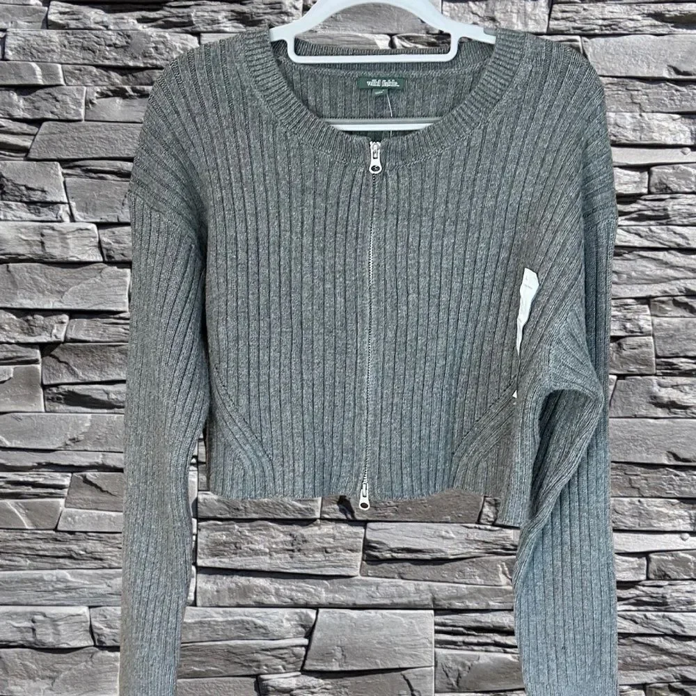 NWT Wild Fable Front Zip Long Sleeve Gray Ribbed Sweater Size Large